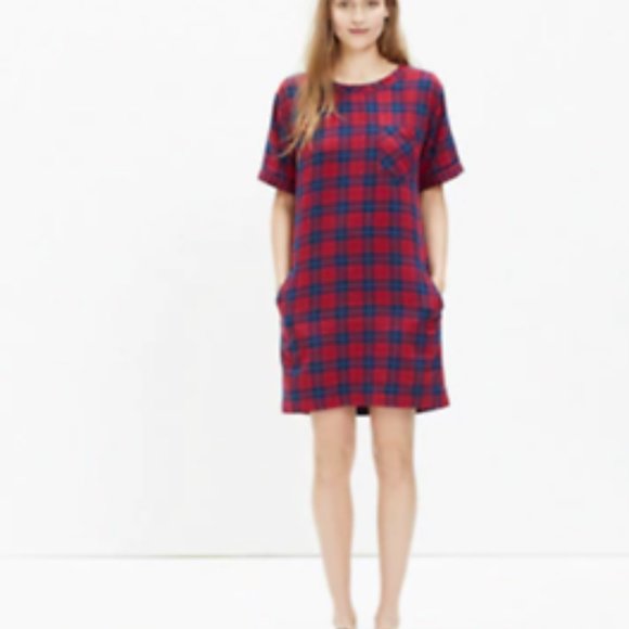 Madewell Red Blue Plaid Flannel Edina Shift Cotton Dress Size Medium - Picture 1 of 4